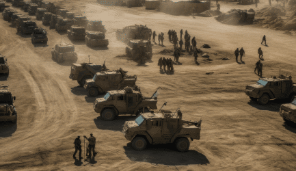 Military vehicles and personnel in a desert setting, representing nitrocellulose propellant, nanocellulose hybrid fuels, and waste processing on forward operating bases