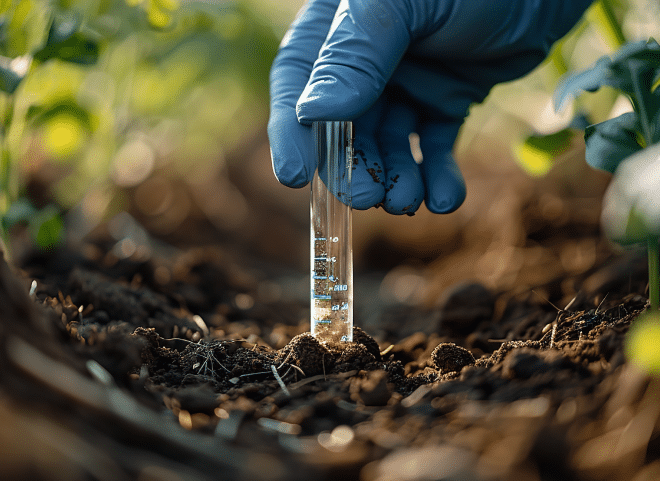 Gloved hand collecting a soil sample in a test tube from an agricultural field.